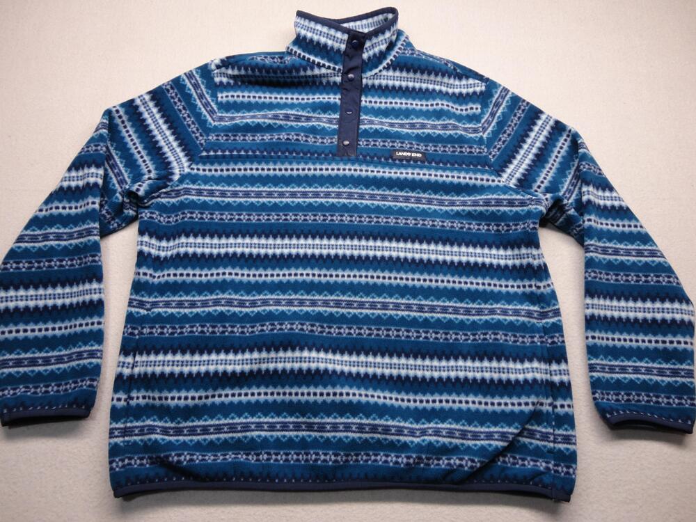 Lands End Sweater Womens XL Blue Fair Isle Fleece Snap Mock Neck Pullover Cozy